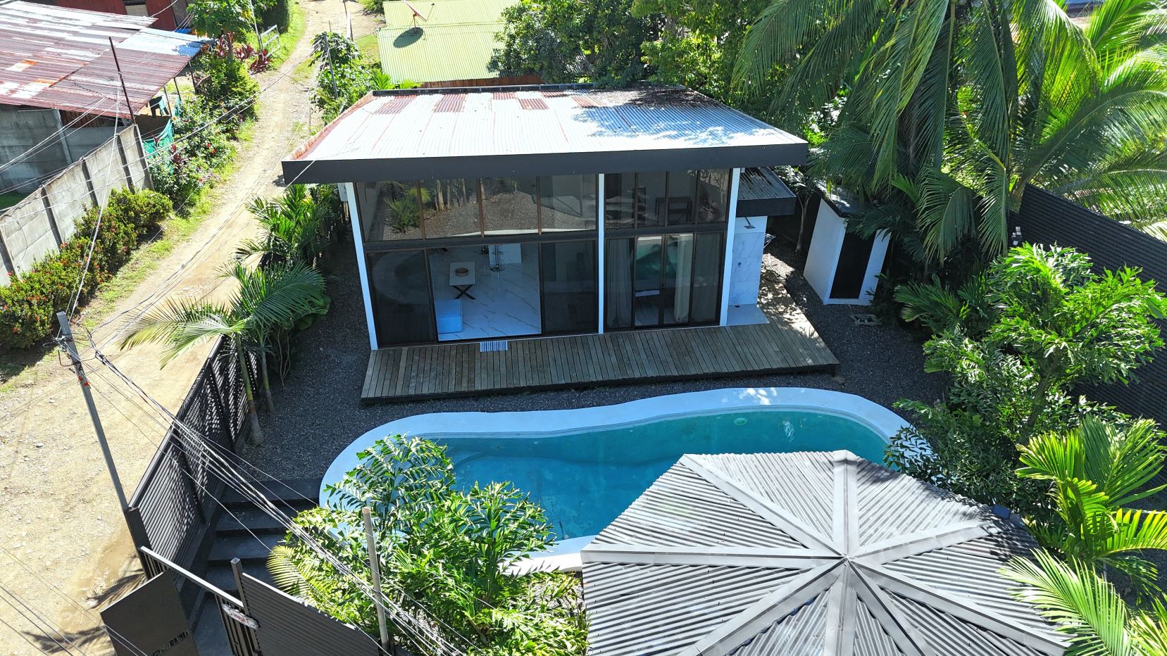 Aerial view of a modern glass-walled house with a kidney-shaped pool in a tropical yard with palm trees nearby