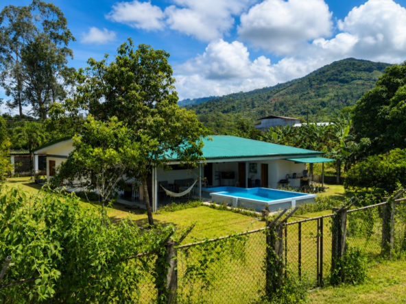 Single-story white house with a turquoise roof, hammock in the yard, and a small rectangular pool, surrounded by lush tropical trees and a chain-link fence, with hills in the distance.