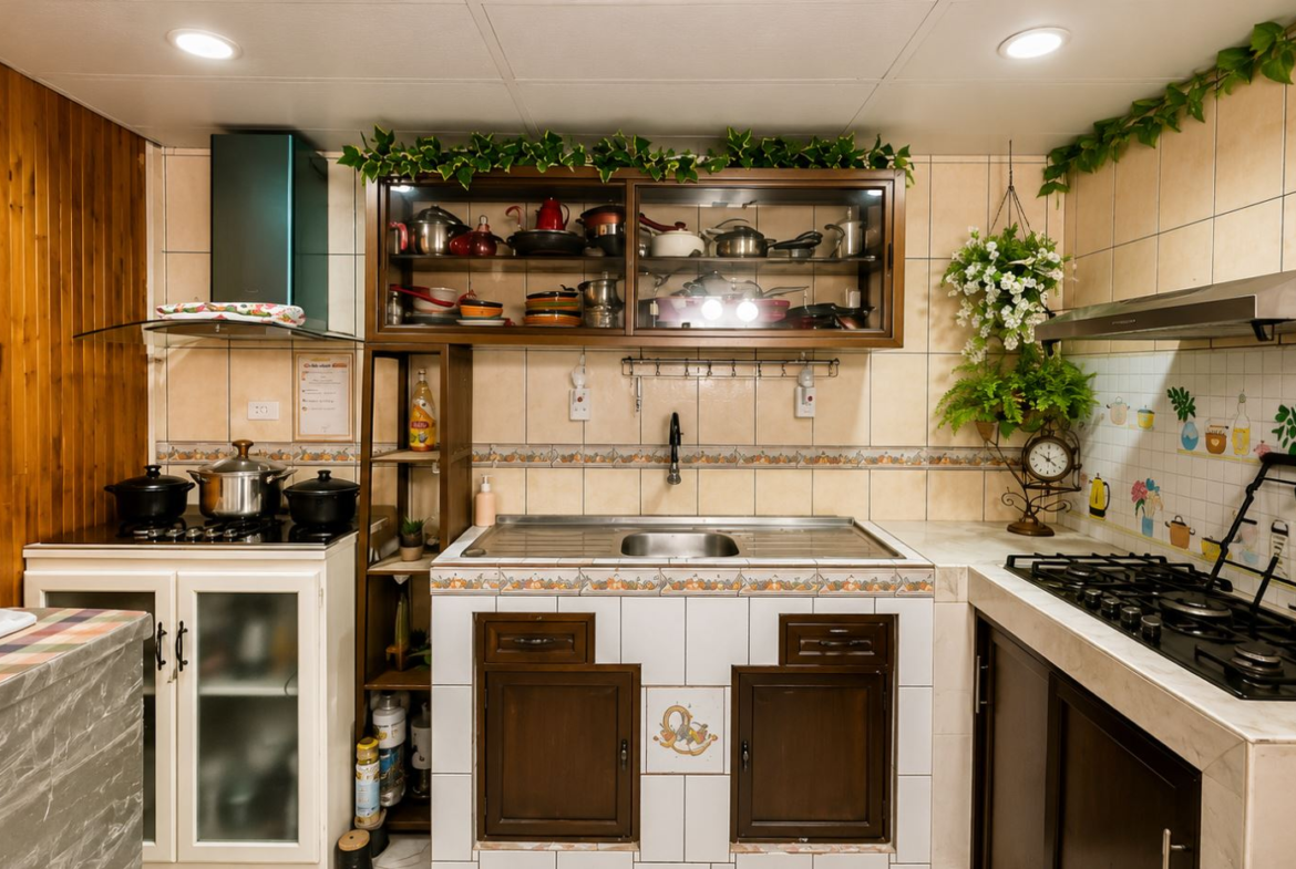 Compact kitchen with wooden wall, stove, and open cabinet showing pots and pans above a tiled counter. Green plants trim the top.