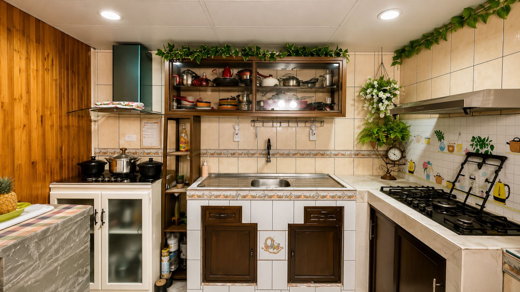 Compact kitchen with wooden wall, stove, and open cabinet showing pots and pans above a tiled counter. Green plants trim the top.